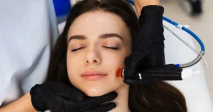 Performing the HydraFacial treatment with a handheld device on a clients forehead for exfoliation and cleansing.