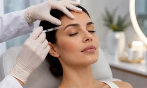 Patient receiving a professional neurotoxin treatment in Norman, OK for smoothing forehead wrinkles and fine lines at Symmetry Aesthetics & Wellness.