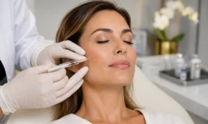 Woman receiving Sculptra facial injection treatment in Norman, OK at Symmetry Aesthetics and Wellness.
