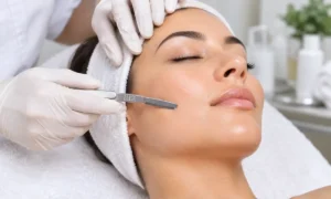 A woman receives a dermaplaning treatment in Norman, OK on her cheek from a gloved skincare professional using a sterile dermaplaning blade in Symmetry Aesthetics and Wellness